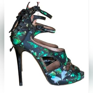 Tabitha Simmons Leather Strappy Heels Peep Toe Lace Up Floral Black & Green 37.5